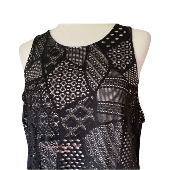 Alfani Black Geo Lace Mesh Overlay Plus Size 1X Sleeveless A-Line Dress - Picture 3 of 9